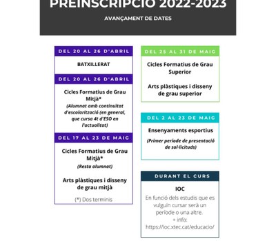 AVANÇAMENT DE DATES DE PREINSCRIPCIÓ ESCOLAR PER AL CURS 2022-2023