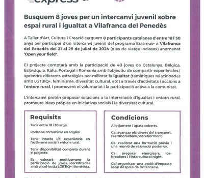 BUSQUEN 8 JOVES PER UN  INTERCANVI JUVENIL SOBRE ESPAI RURAL I IGUALTAT A VILAFRANCA DEL PENEDÈS